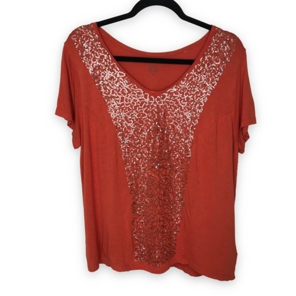 Chicos Burnt Orange Sequin Front V Neck Short Sleeve T Shirt Womens Size Large